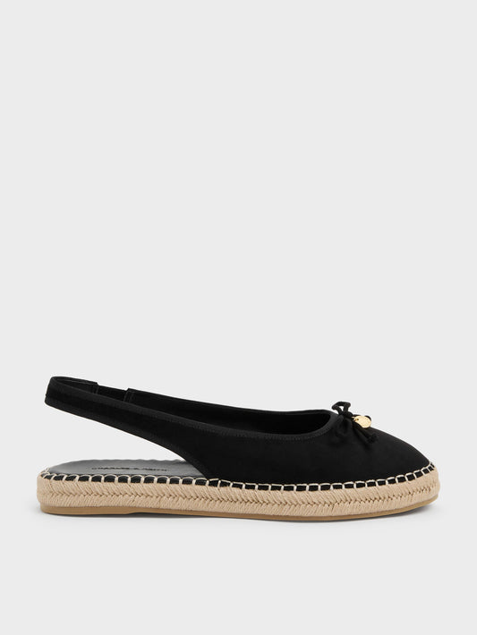 Faux Suede Bow Slingback Espadrilles - Black Textured | CHARLES & KEITH