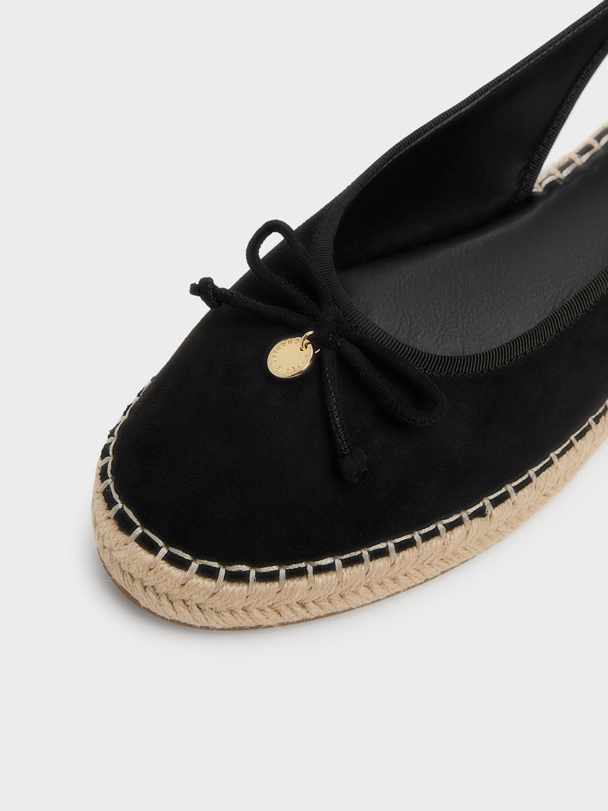 Faux Suede Bow Slingback Espadrilles - Black Textured | CHARLES & KEITH