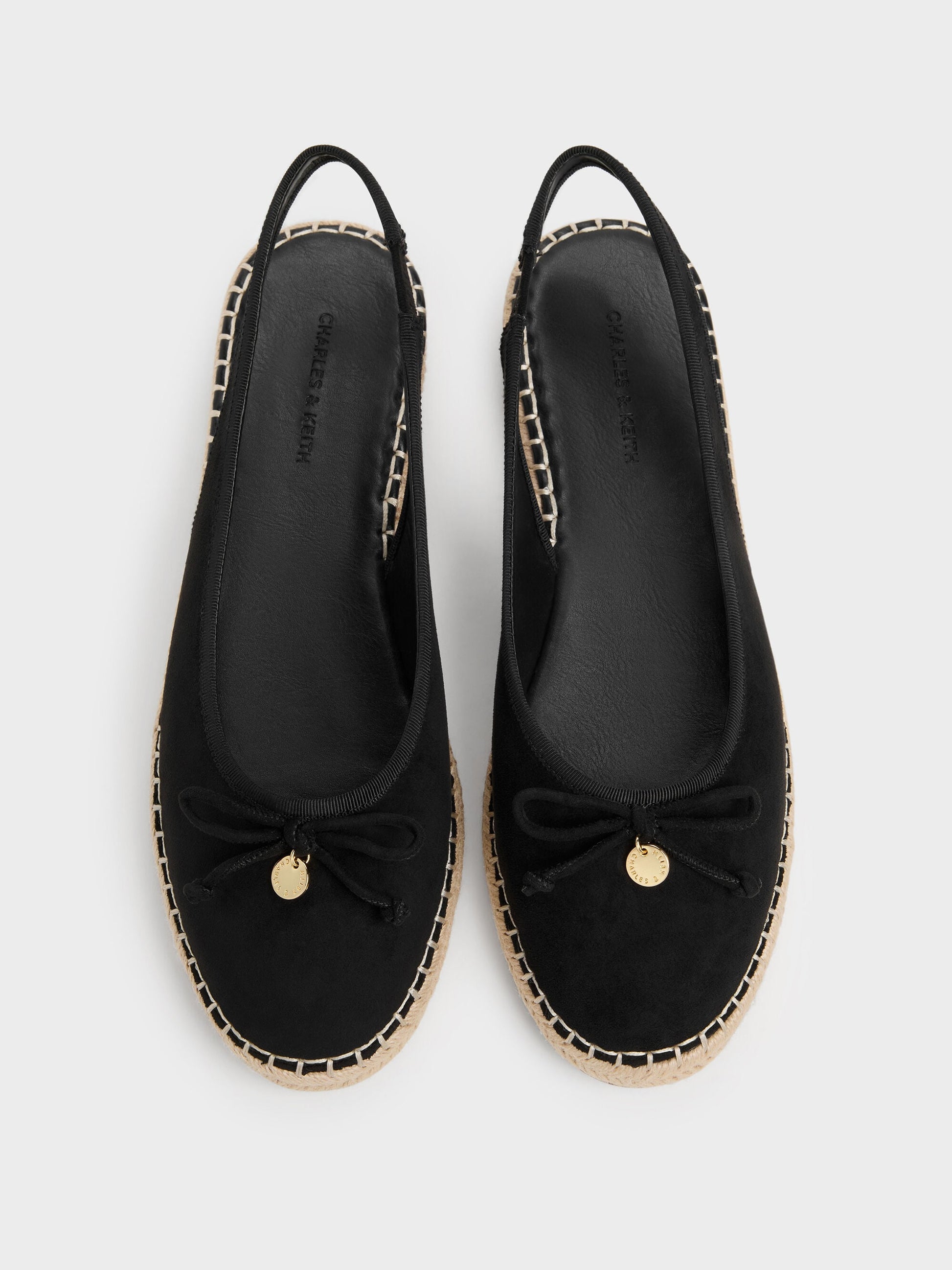 Faux Suede Bow Slingback Espadrilles - Black Textured | CHARLES & KEITH