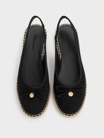 Faux Suede Bow Slingback Espadrilles - Black Textured | CHARLES & KEITH