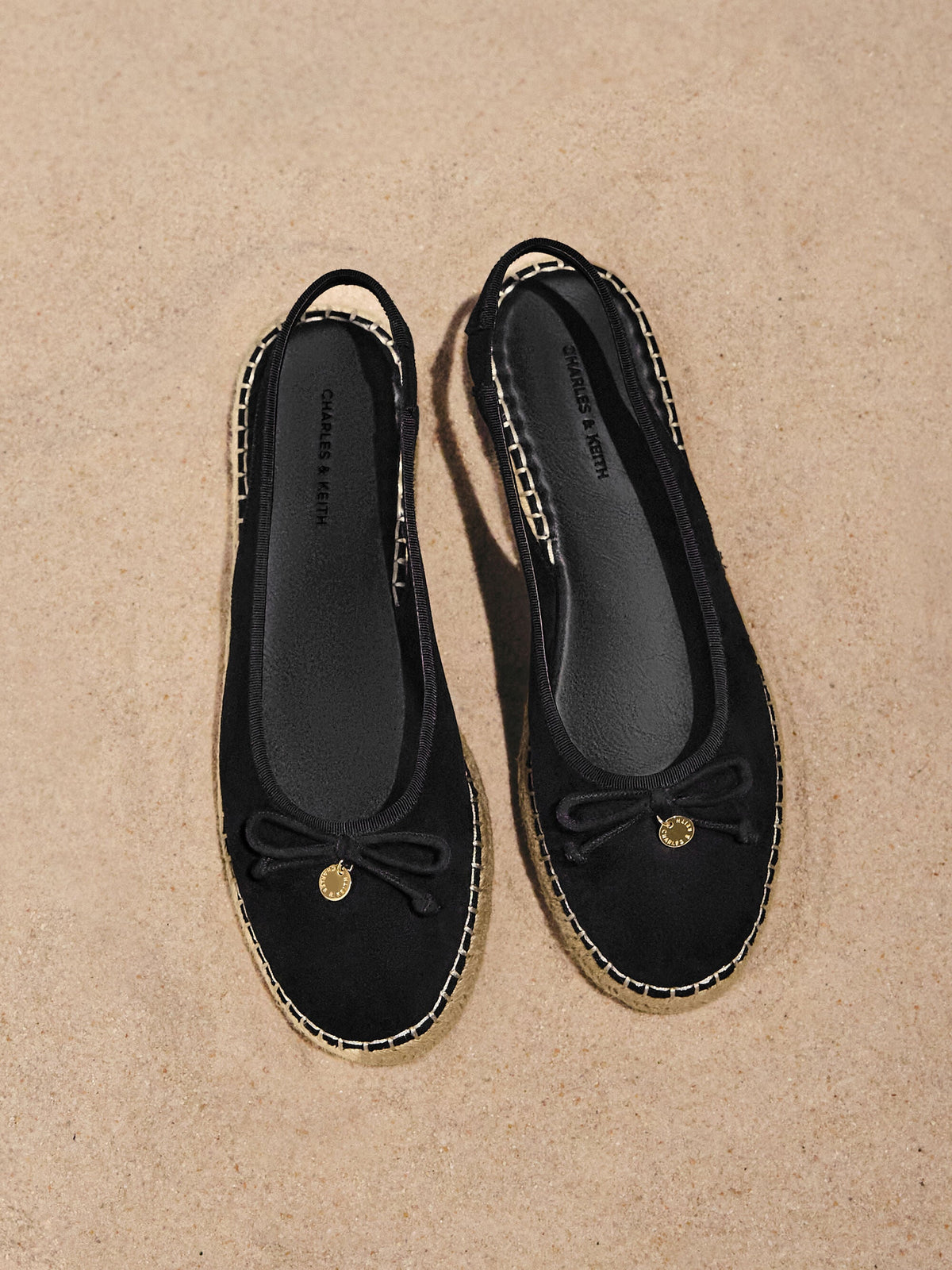 Faux Suede Bow Slingback Espadrilles - Black Textured | CHARLES & KEITH