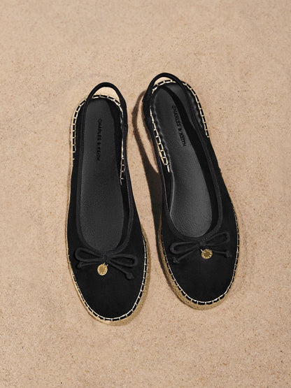 Faux Suede Bow Slingback Espadrilles - Black Textured | CHARLES & KEITH