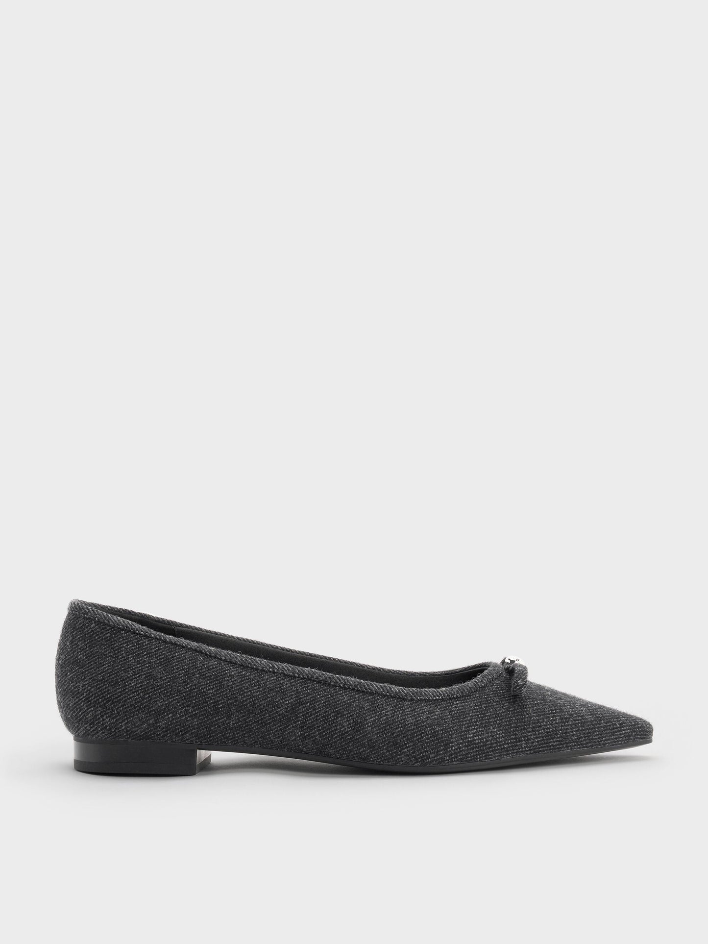 Felt Bow Pointed Ballet Flats - Dark Grey | CHARLES & KEITH
