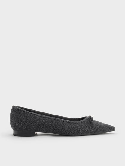 Felt Bow Pointed Ballet Flats - Dark Grey | CHARLES & KEITH