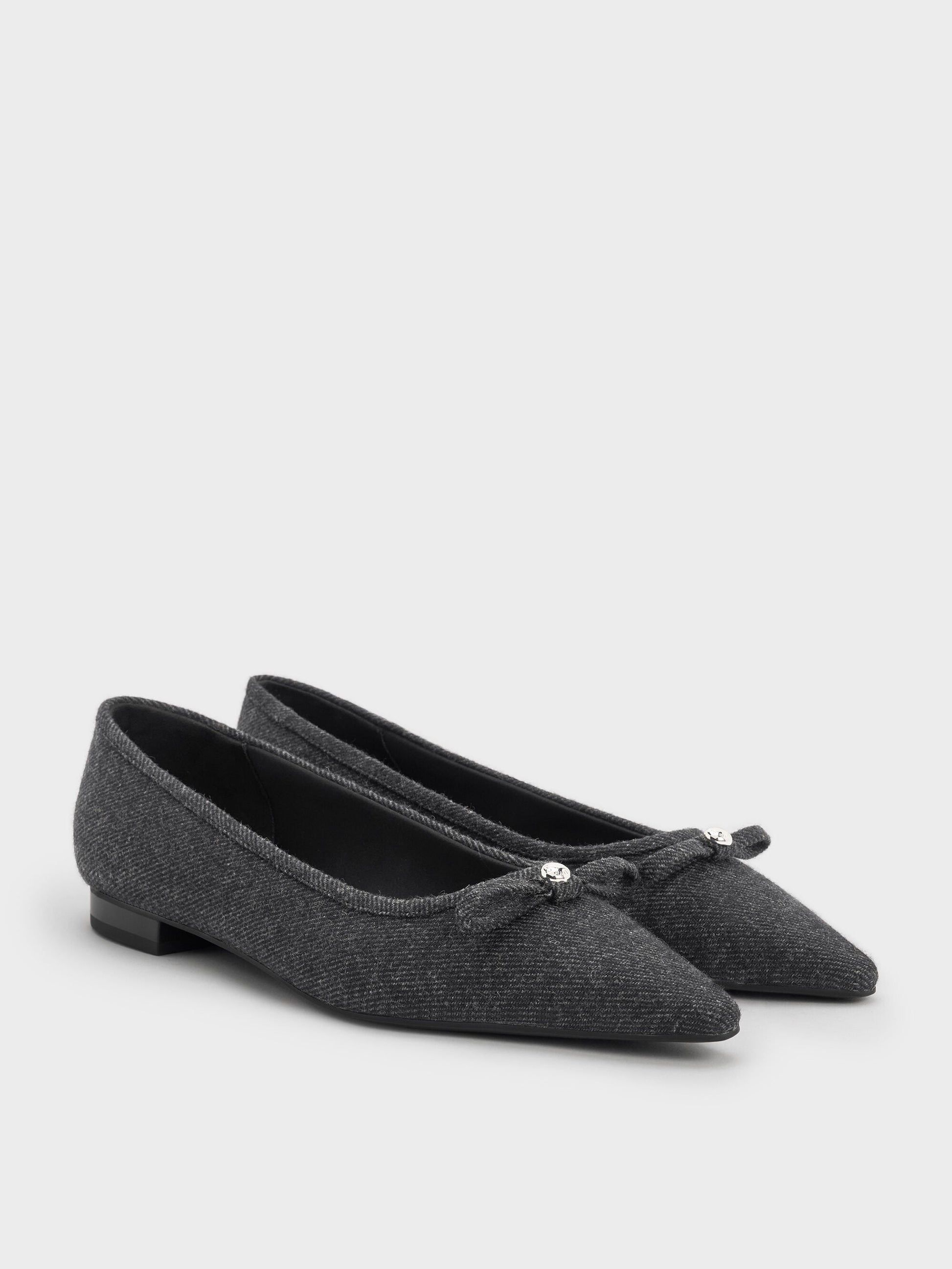 Felt Bow Pointed Ballet Flats - Dark Grey | CHARLES & KEITH