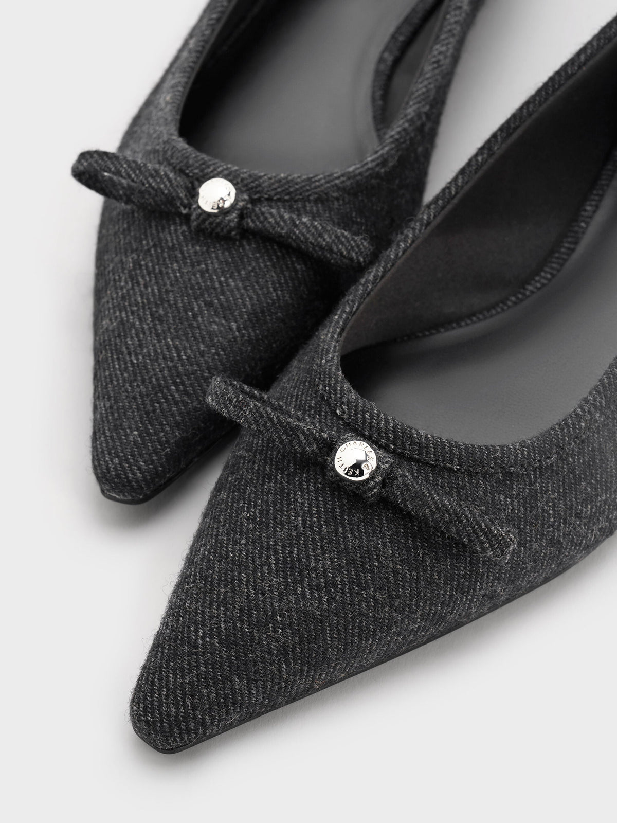 Felt Bow Pointed Ballet Flats - Dark Grey | CHARLES & KEITH