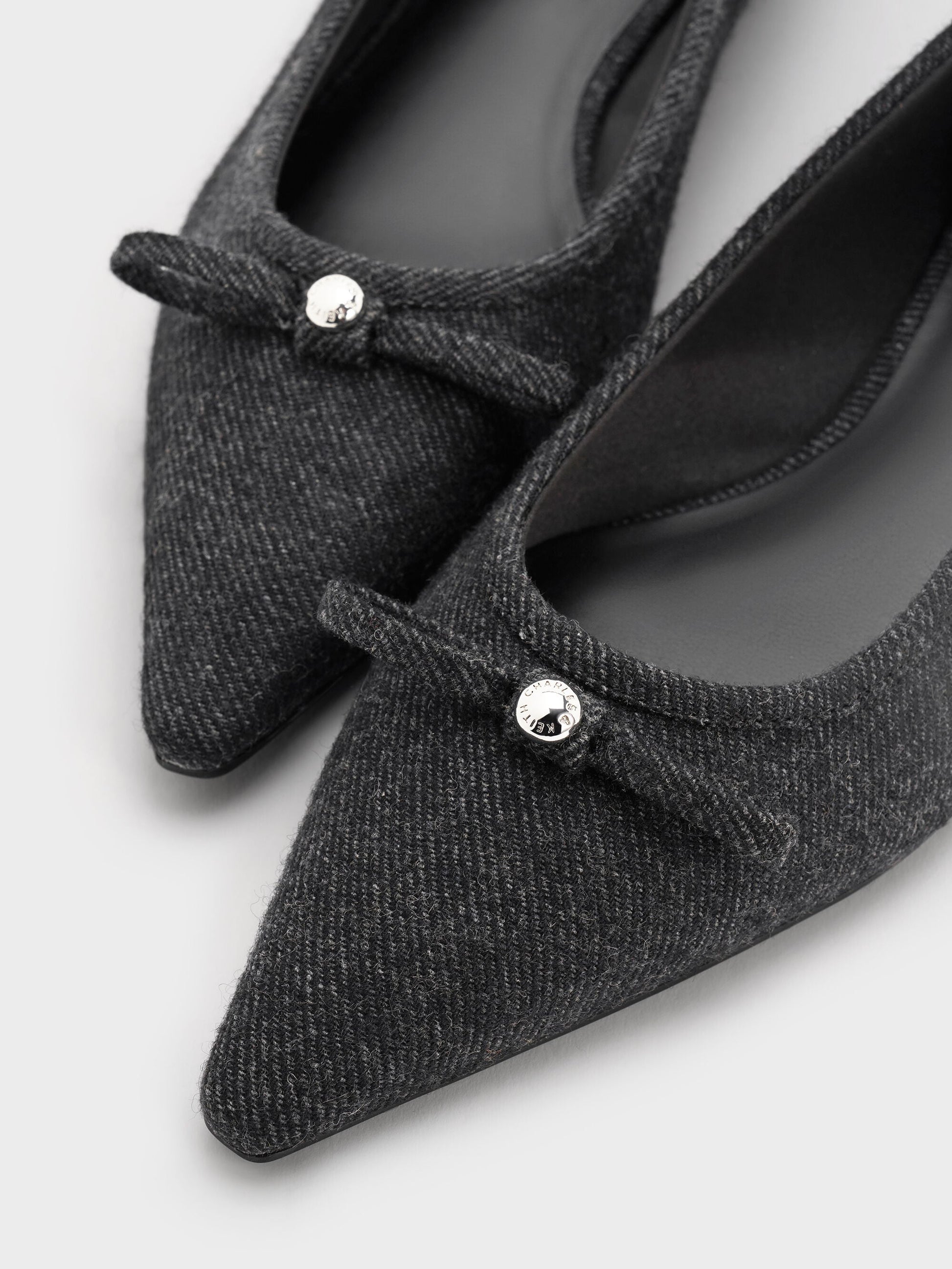 Felt Bow Pointed Ballet Flats - Dark Grey | CHARLES & KEITH