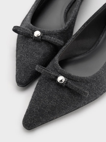 Felt Bow Pointed Ballet Flats - Dark Grey | CHARLES & KEITH