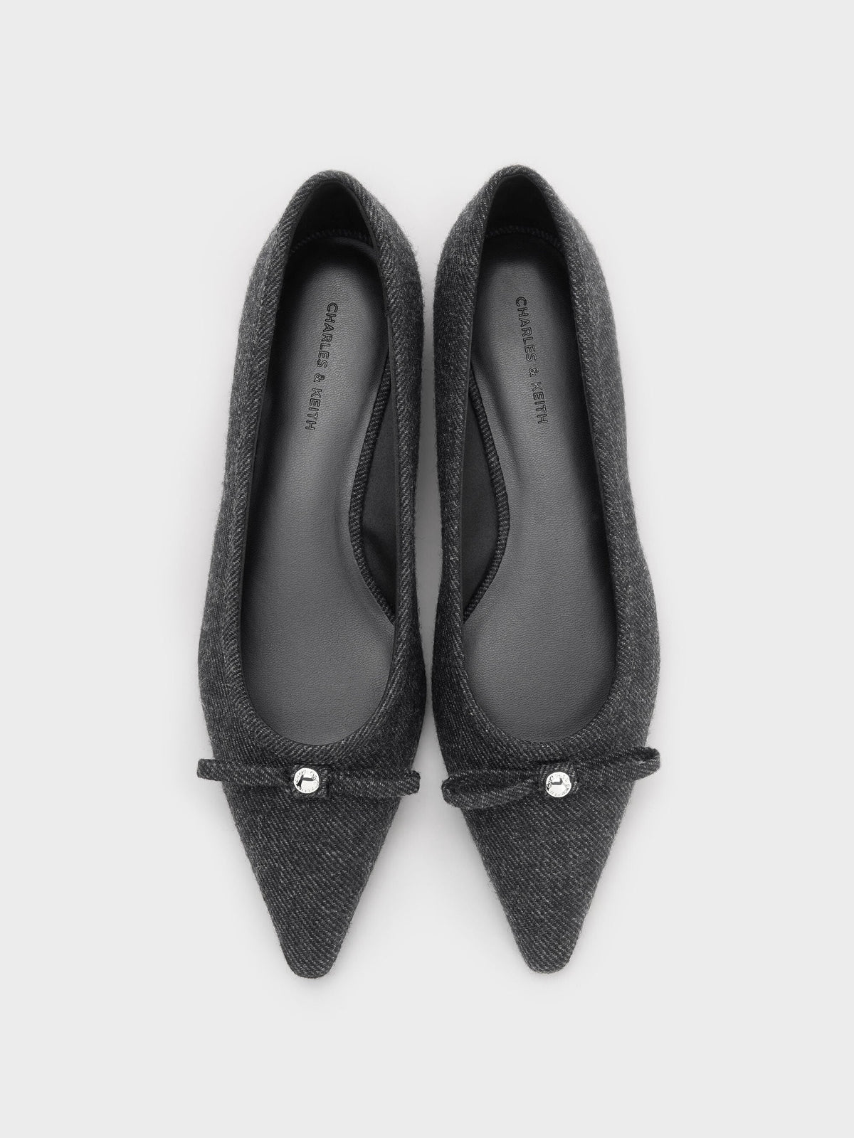 Felt Bow Pointed Ballet Flats - Dark Grey | CHARLES & KEITH