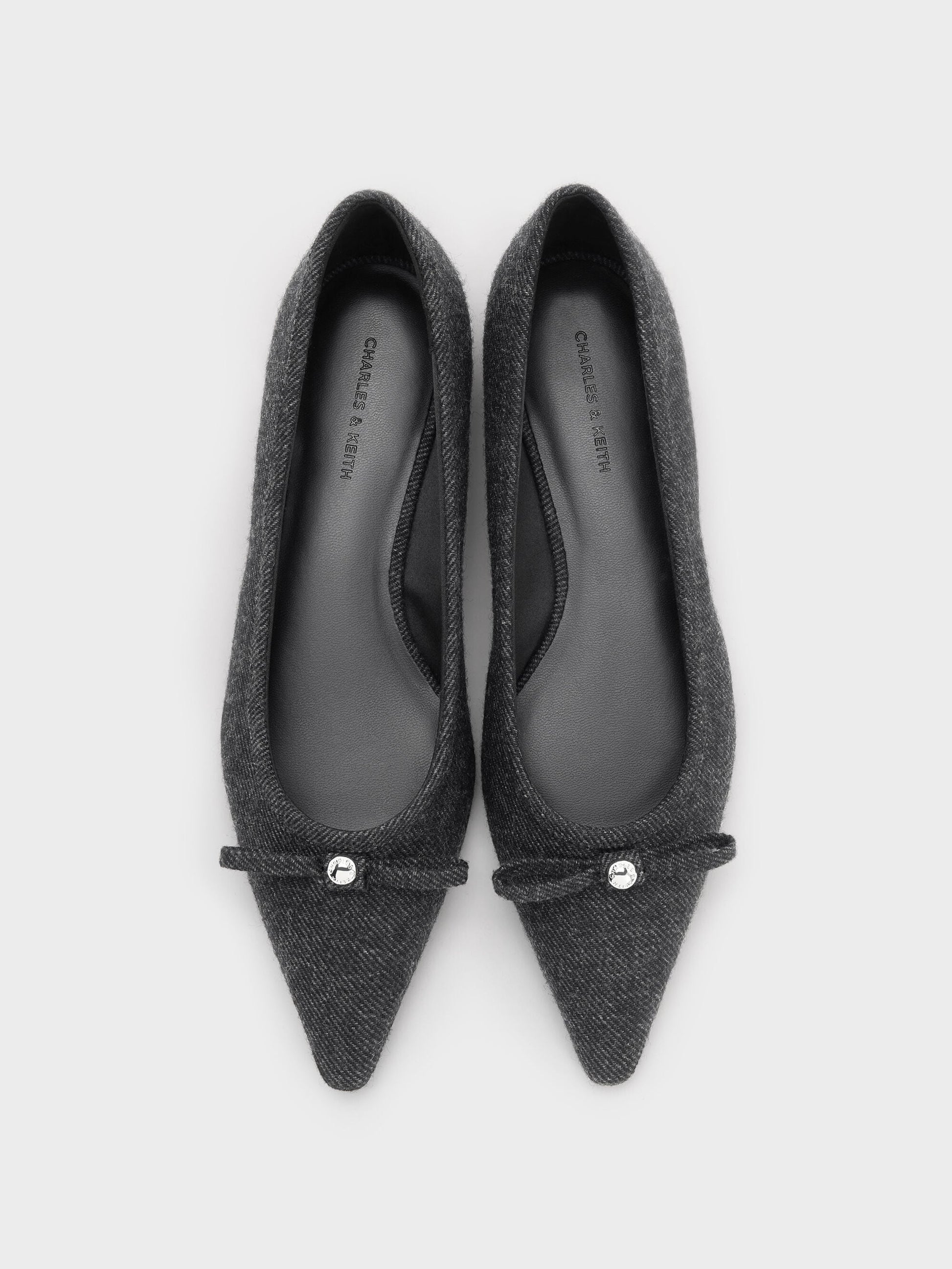 Felt Bow Pointed Ballet Flats - Dark Grey | CHARLES & KEITH
