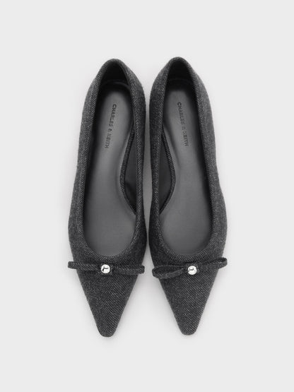 Felt Bow Pointed Ballet Flats - Dark Grey | CHARLES & KEITH