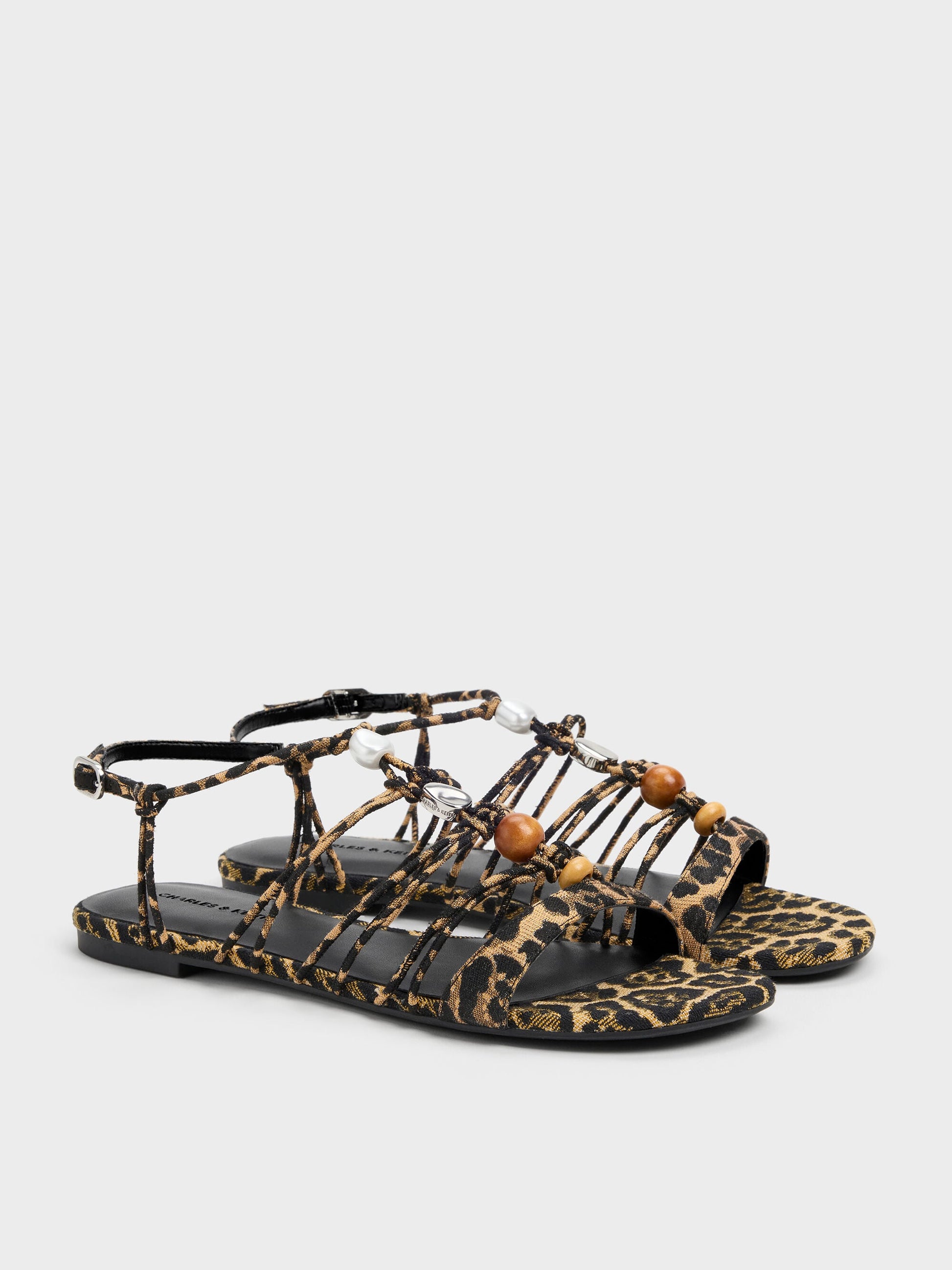 Georgie Leopard-Print Bead Strappy Sandals - Animal Print Natural | CHARLES & KEITH
