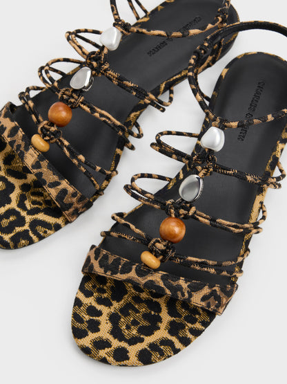 Georgie Leopard-Print Bead Strappy Sandals - Animal Print Natural | CHARLES & KEITH