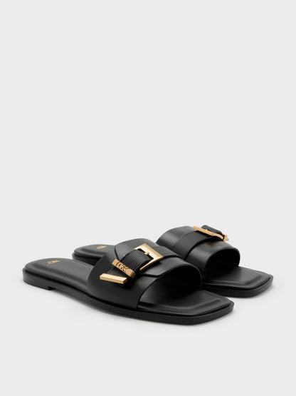 Whitney Leather Slide Sandals - Black | CHARLES & KEITH
