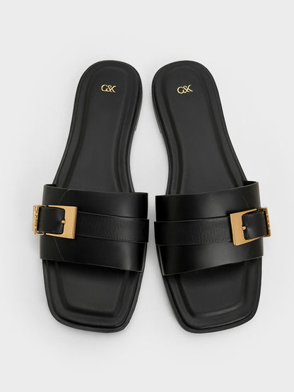 Whitney Leather Slide Sandals - Black | CHARLES & KEITH