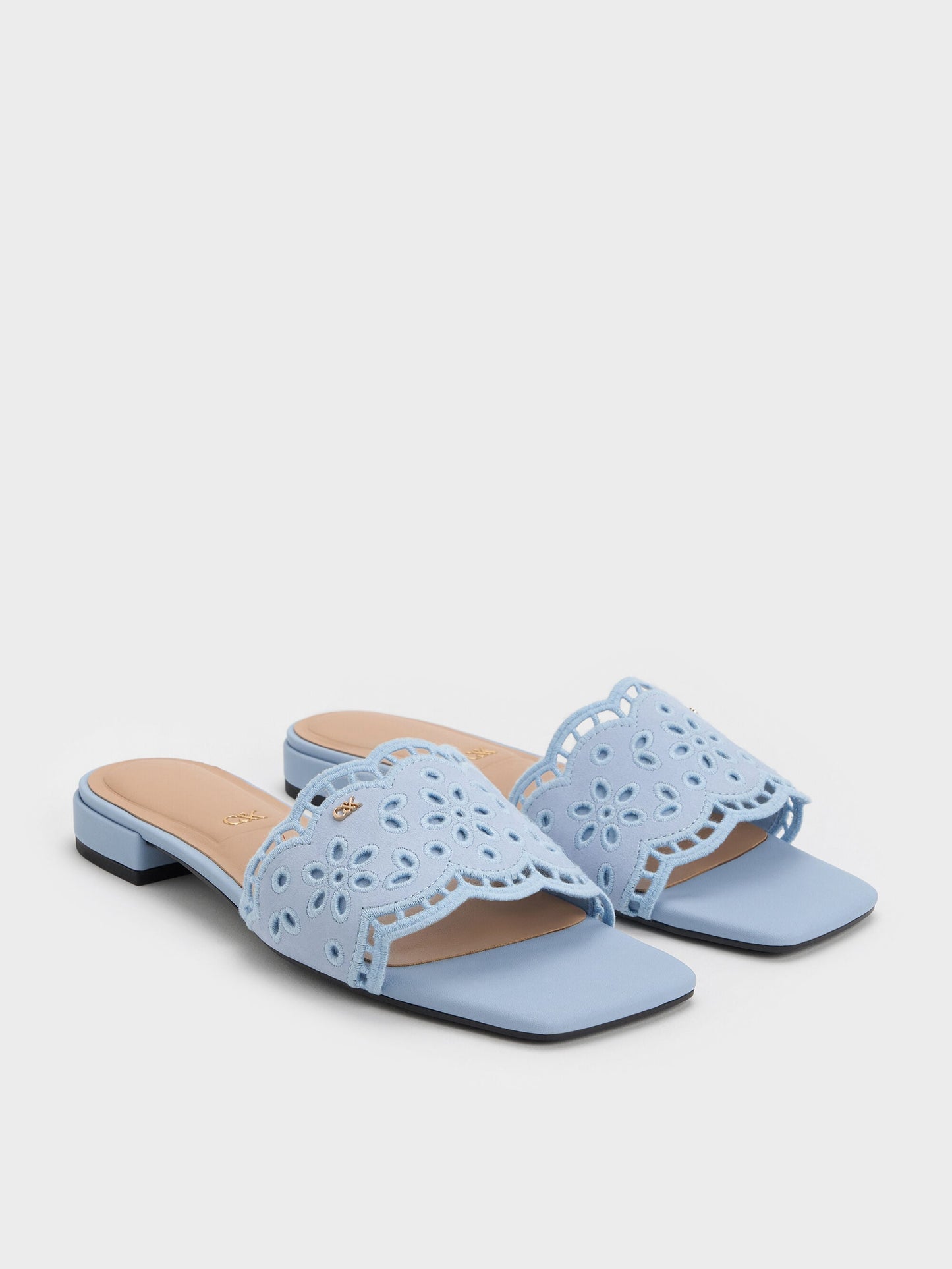 Leather Embroidered Slide Sandals - Light Blue | CHARLES & KEITH