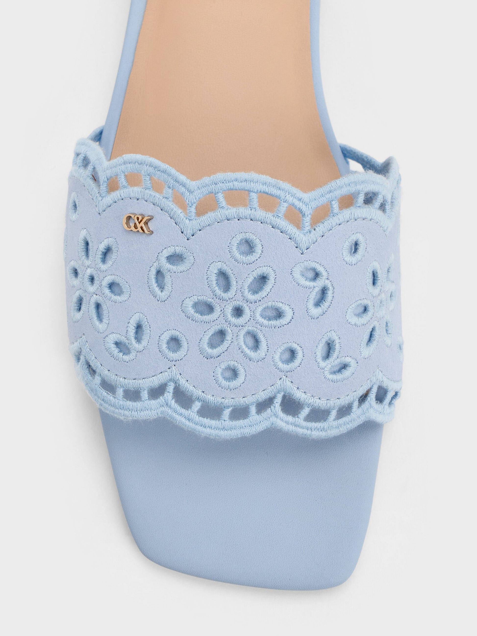 Leather Embroidered Slide Sandals - Light Blue | CHARLES & KEITH