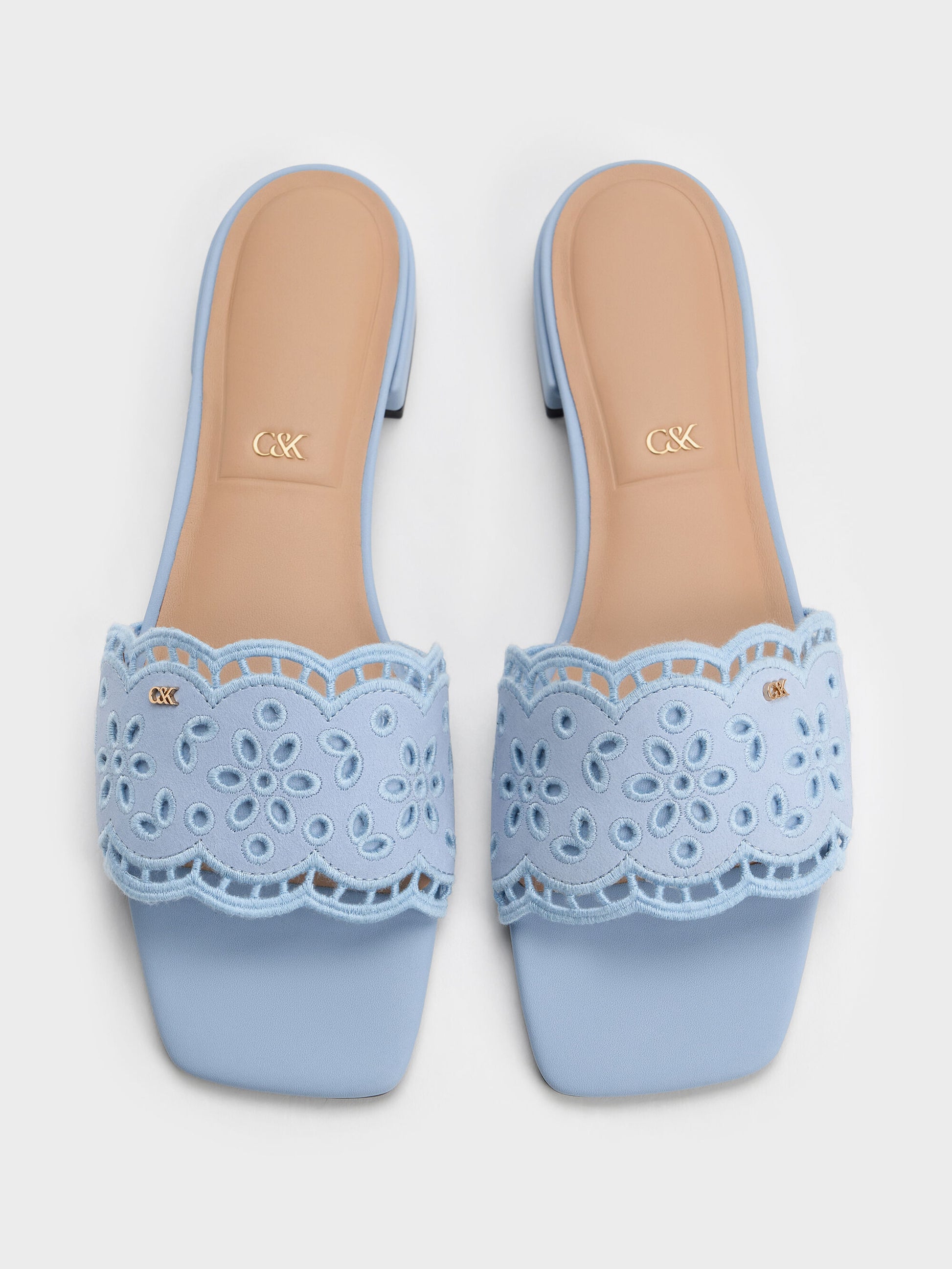 Leather Embroidered Slide Sandals - Light Blue | CHARLES & KEITH