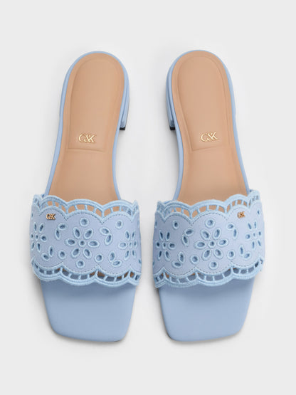 Leather Embroidered Slide Sandals - Light Blue | CHARLES & KEITH