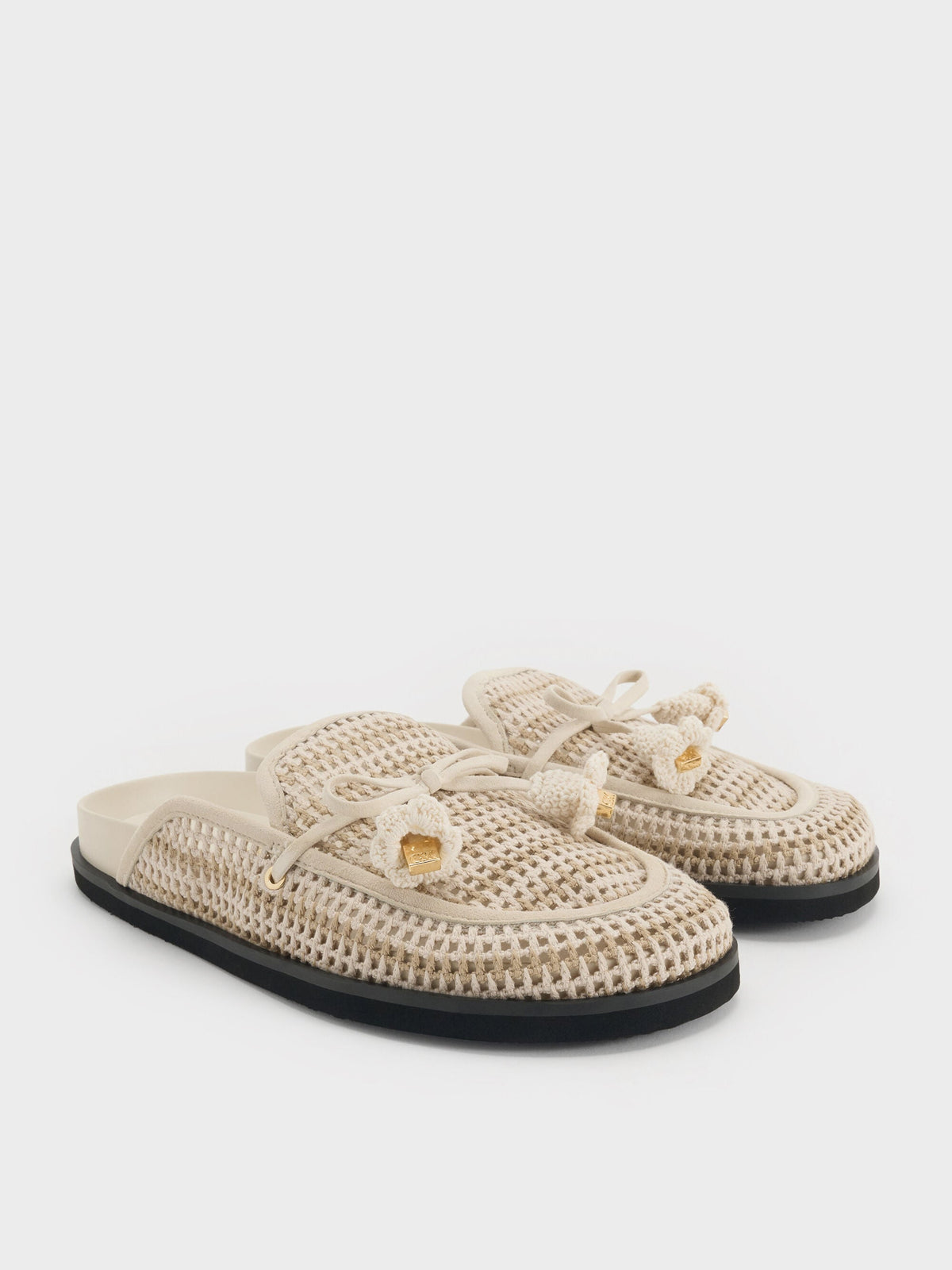 Crochet & Suede Flower Mules - Chalk | CHARLES & KEITH