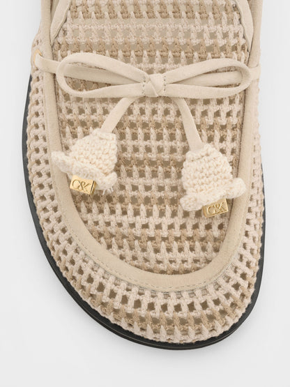 Crochet & Suede Flower Mules - Chalk | CHARLES & KEITH
