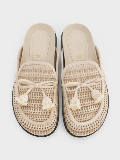 Crochet & Suede Flower Mules - Chalk | CHARLES & KEITH