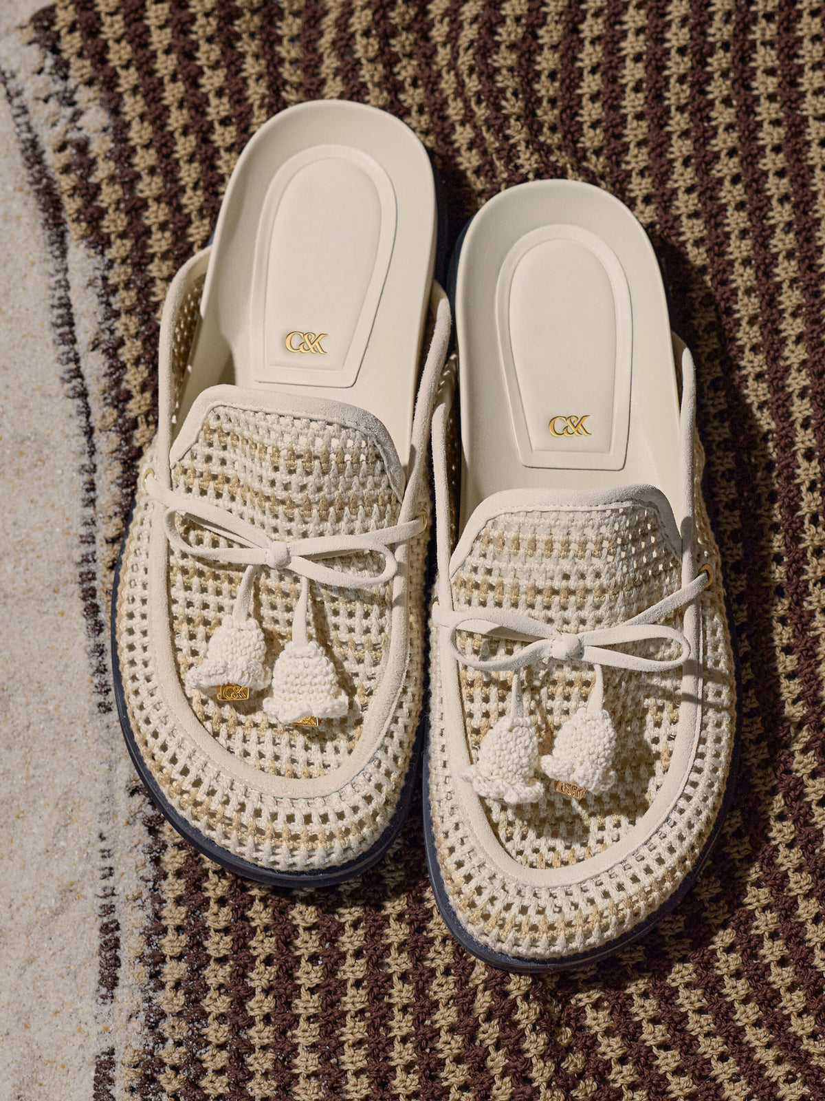 Crochet & Suede Flower Mules - Chalk | CHARLES & KEITH