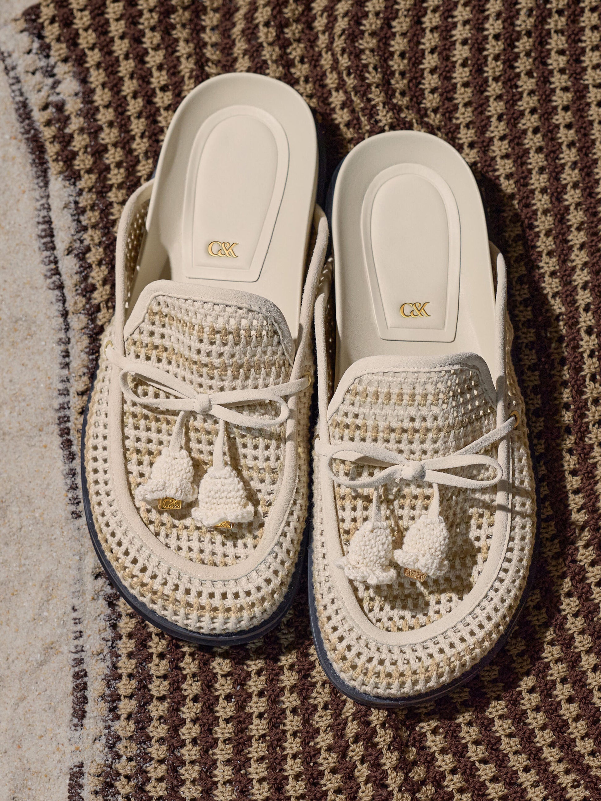 Crochet & Suede Flower Mules - Chalk | CHARLES & KEITH