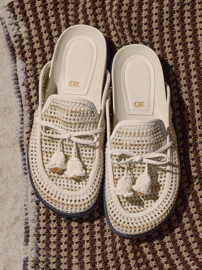 Crochet & Suede Flower Mules - Chalk | CHARLES & KEITH