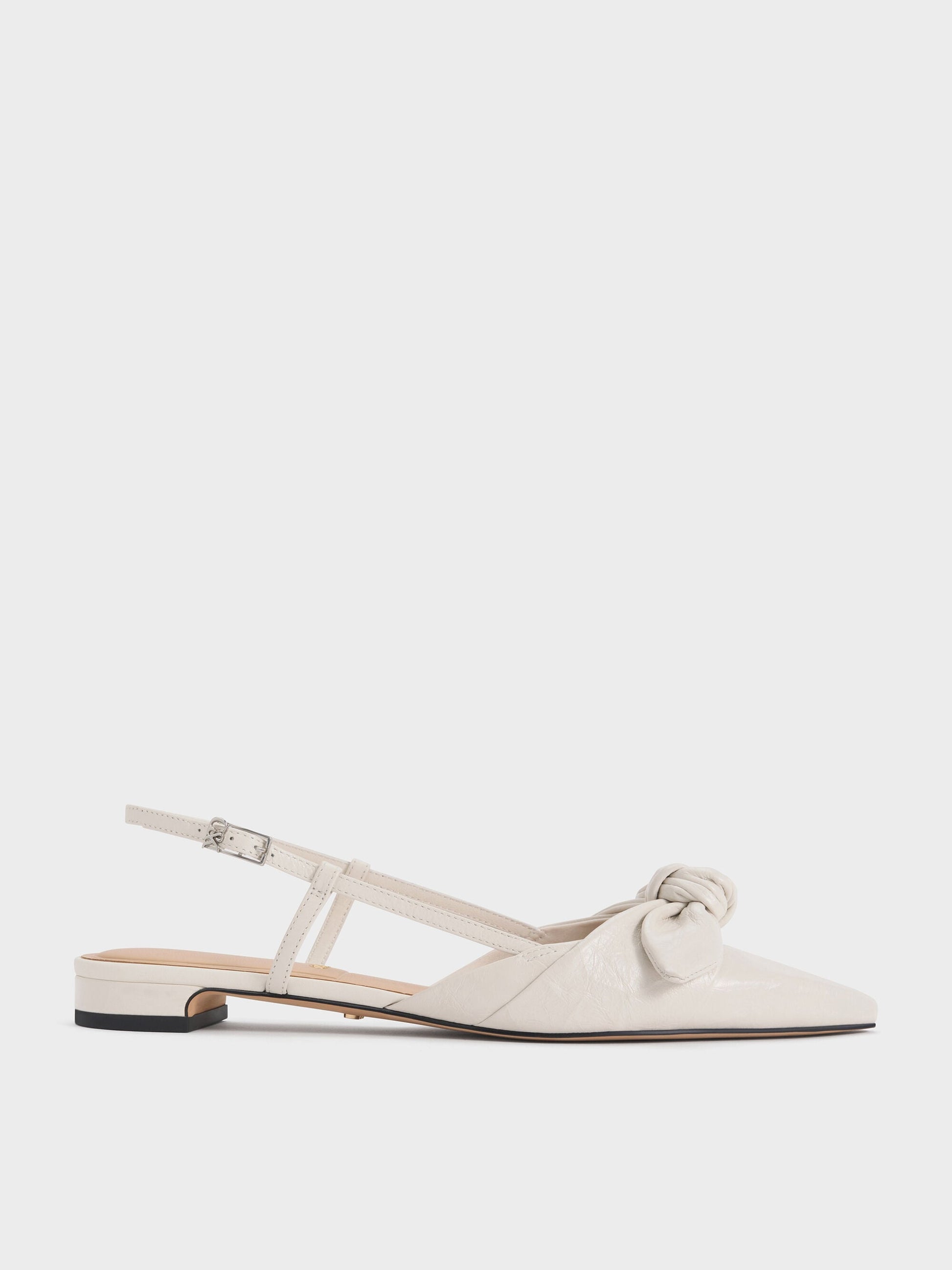 Jayce Leather Knot-Bow Slingback Flats - White | CHARLES & KEITH