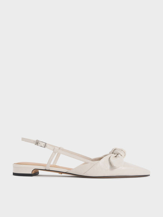 Jayce Leather Knot-Bow Slingback Flats - White | CHARLES & KEITH