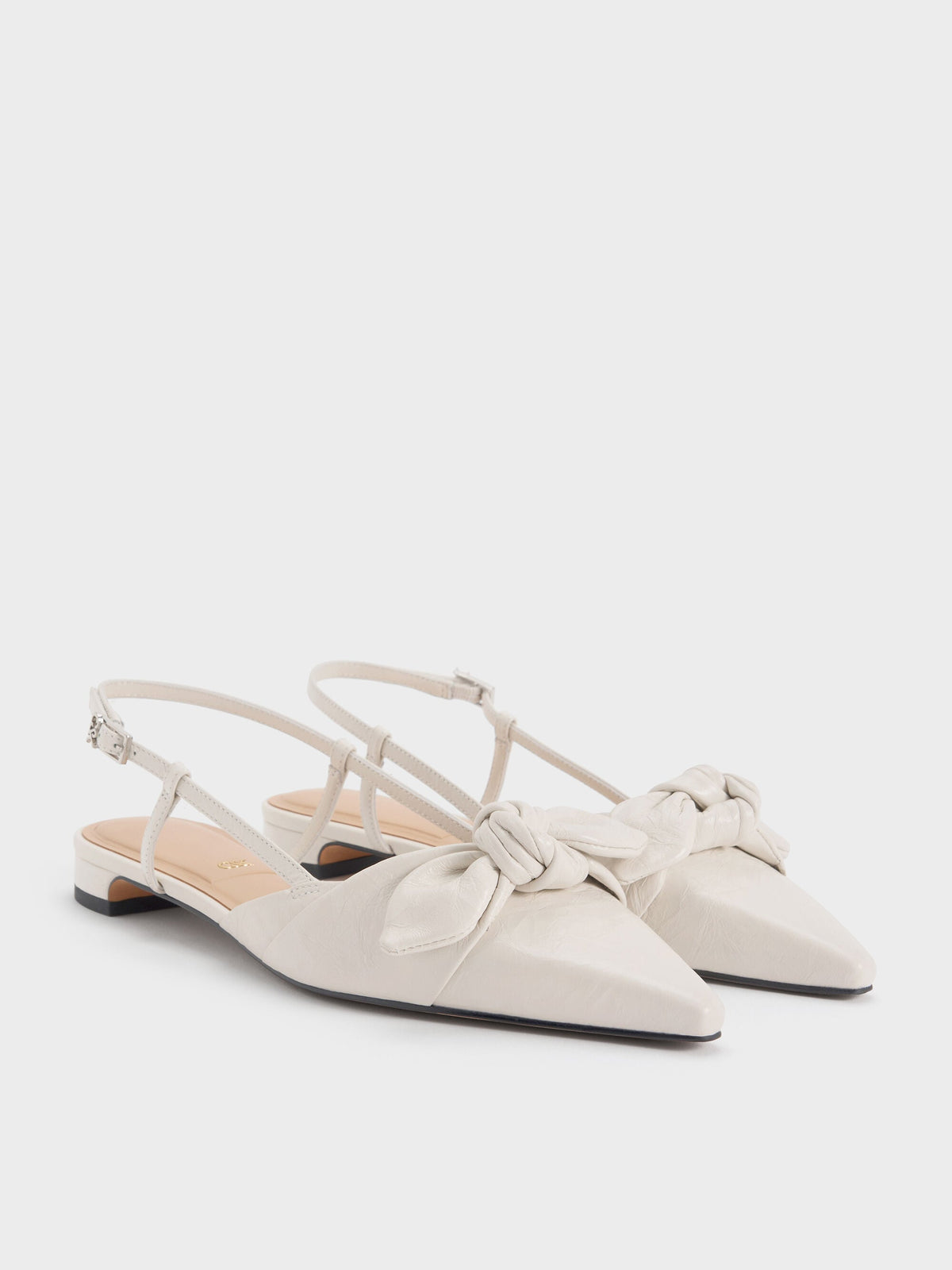 Jayce Leather Knot-Bow Slingback Flats - White | CHARLES & KEITH