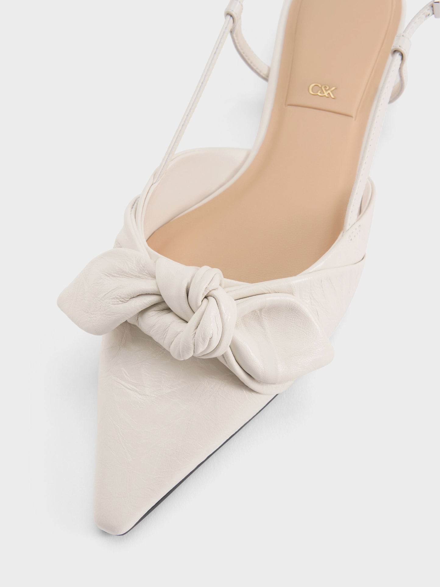 Jayce Leather Knot-Bow Slingback Flats - White | CHARLES & KEITH