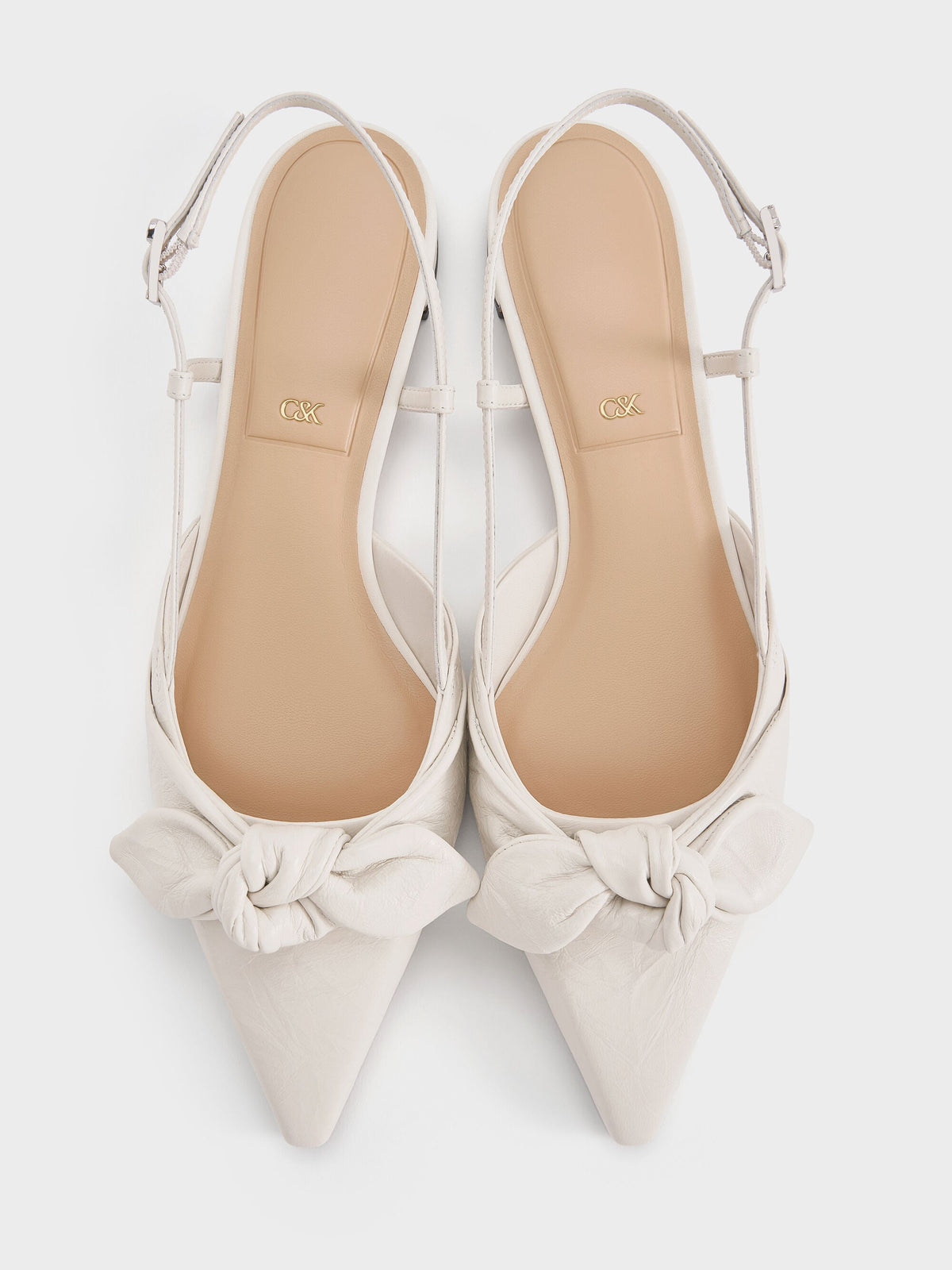 Jayce Leather Knot-Bow Slingback Flats - White | CHARLES & KEITH