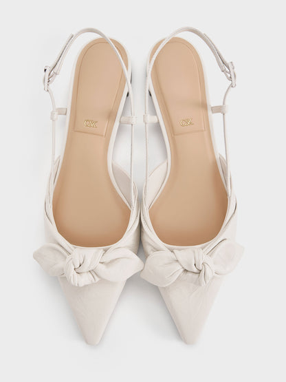 Jayce Leather Knot-Bow Slingback Flats - White | CHARLES & KEITH