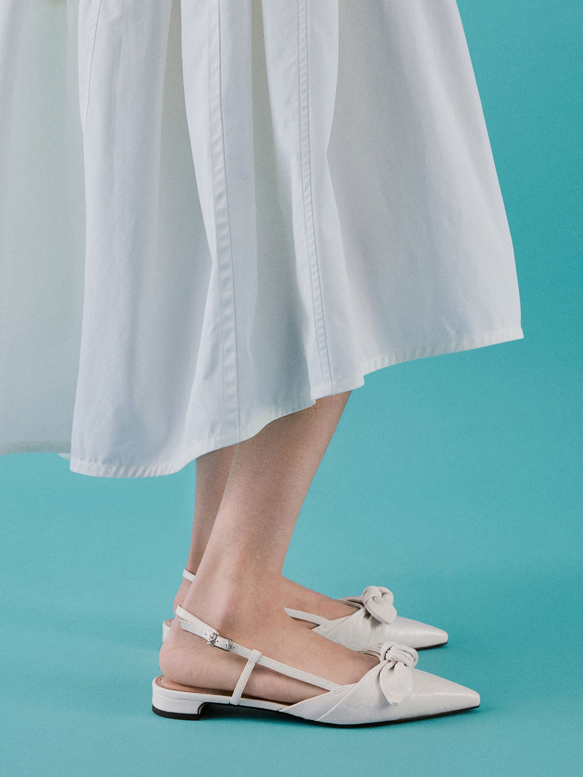 Jayce Leather Knot-Bow Slingback Flats - White | CHARLES & KEITH