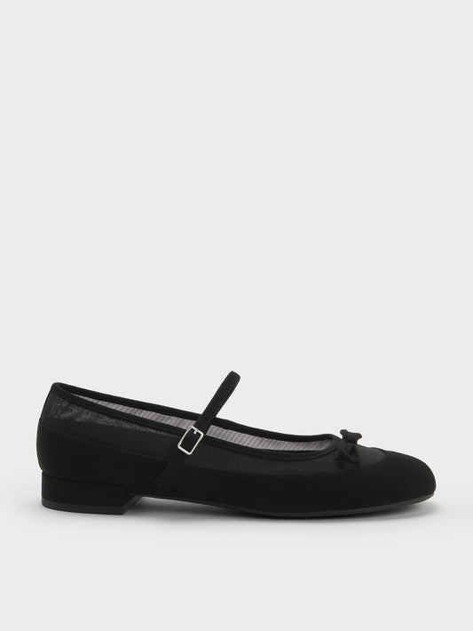 Mulligan Faux Suede & Mesh Mary Janes - Black Textured | CHARLES & KEITH