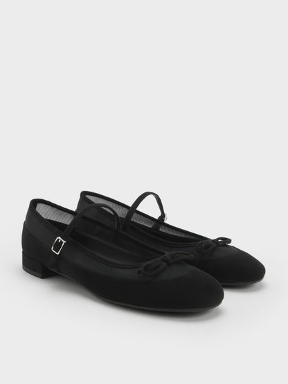 Mulligan Faux Suede & Mesh Mary Janes - Black Textured | CHARLES & KEITH