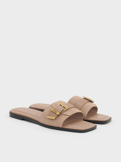 Whitney Suede & Leather Slide Sandals - Taupe | CHARLES & KEITH