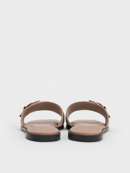 Whitney Suede & Leather Slide Sandals - Taupe | CHARLES & KEITH
