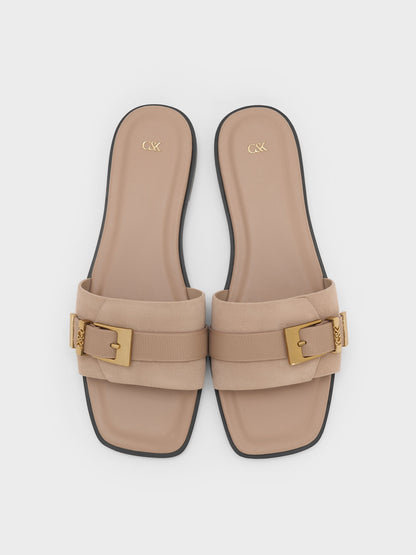 Whitney Suede & Leather Slide Sandals - Taupe | CHARLES & KEITH
