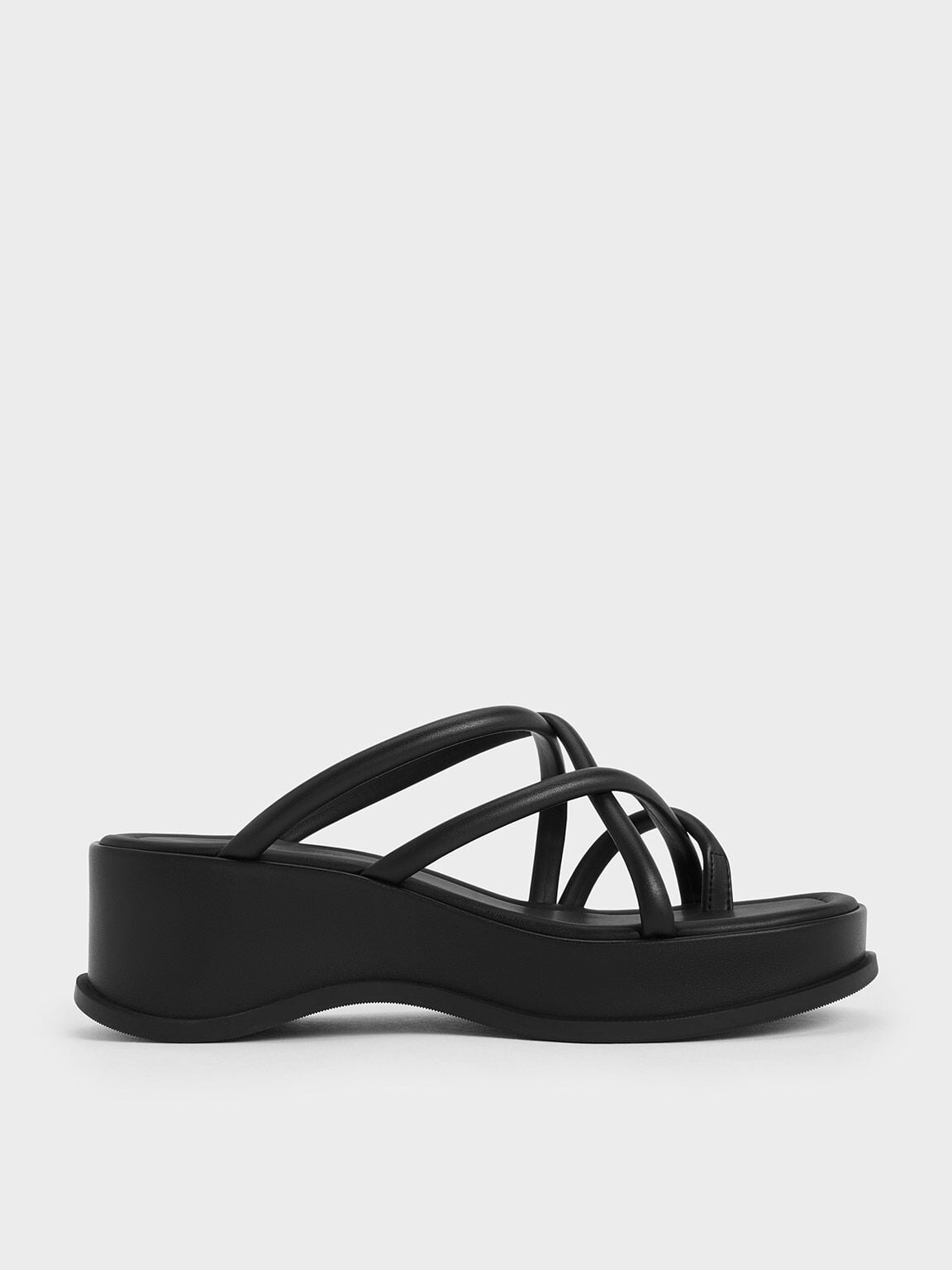 Strappy Tubular Wedge Sandals - Black | CHARLES & KEITH