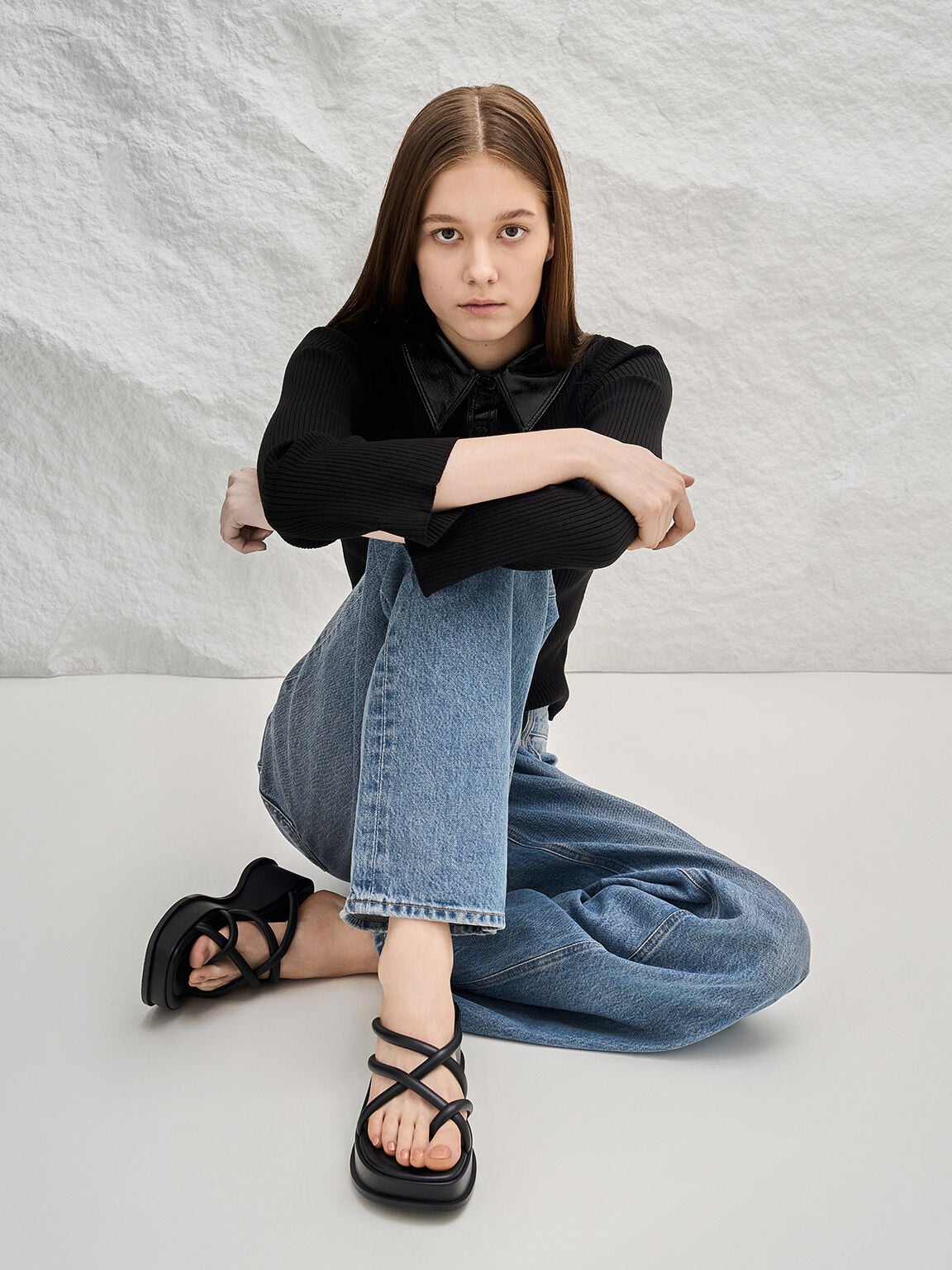 Strappy Tubular Wedge Sandals - Black | CHARLES & KEITH