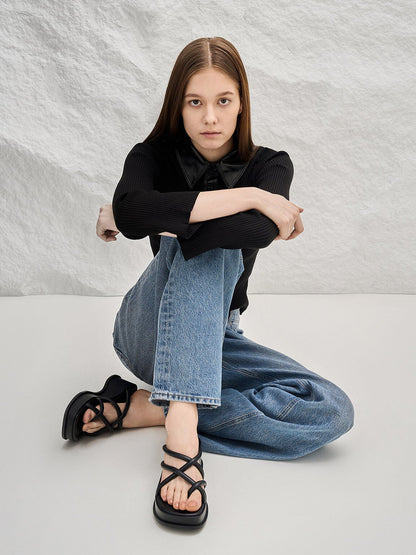 Strappy Tubular Wedge Sandals - Black | CHARLES & KEITH