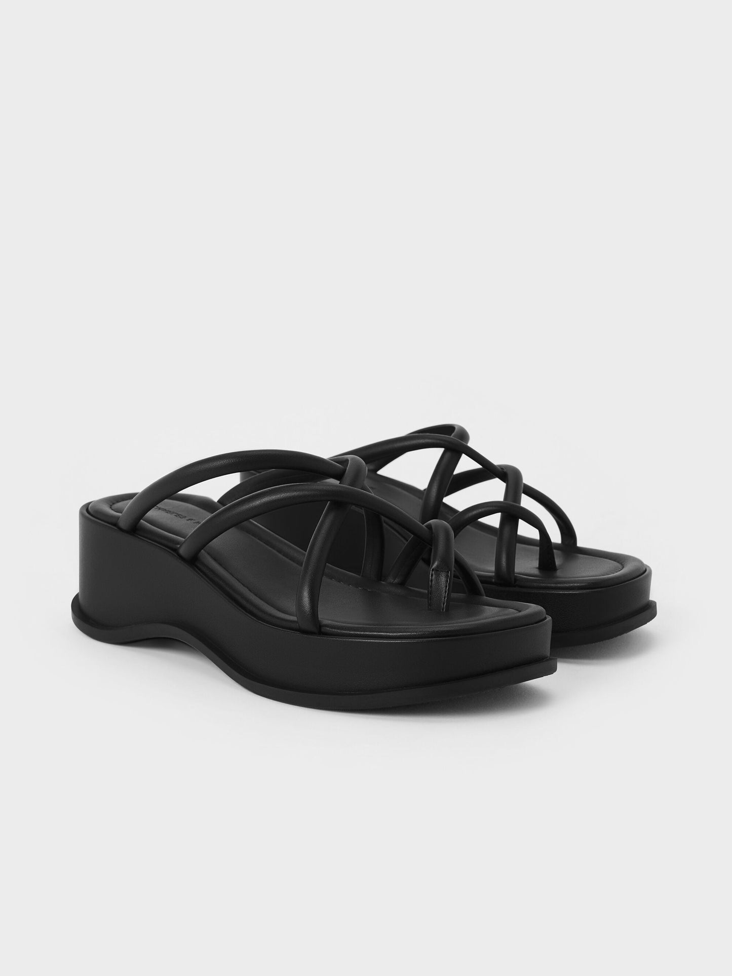 Strappy Tubular Wedge Sandals - Black | CHARLES & KEITH