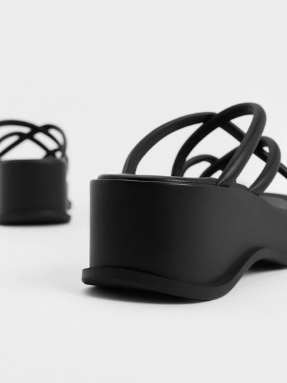 Strappy Tubular Wedge Sandals - Black | CHARLES & KEITH