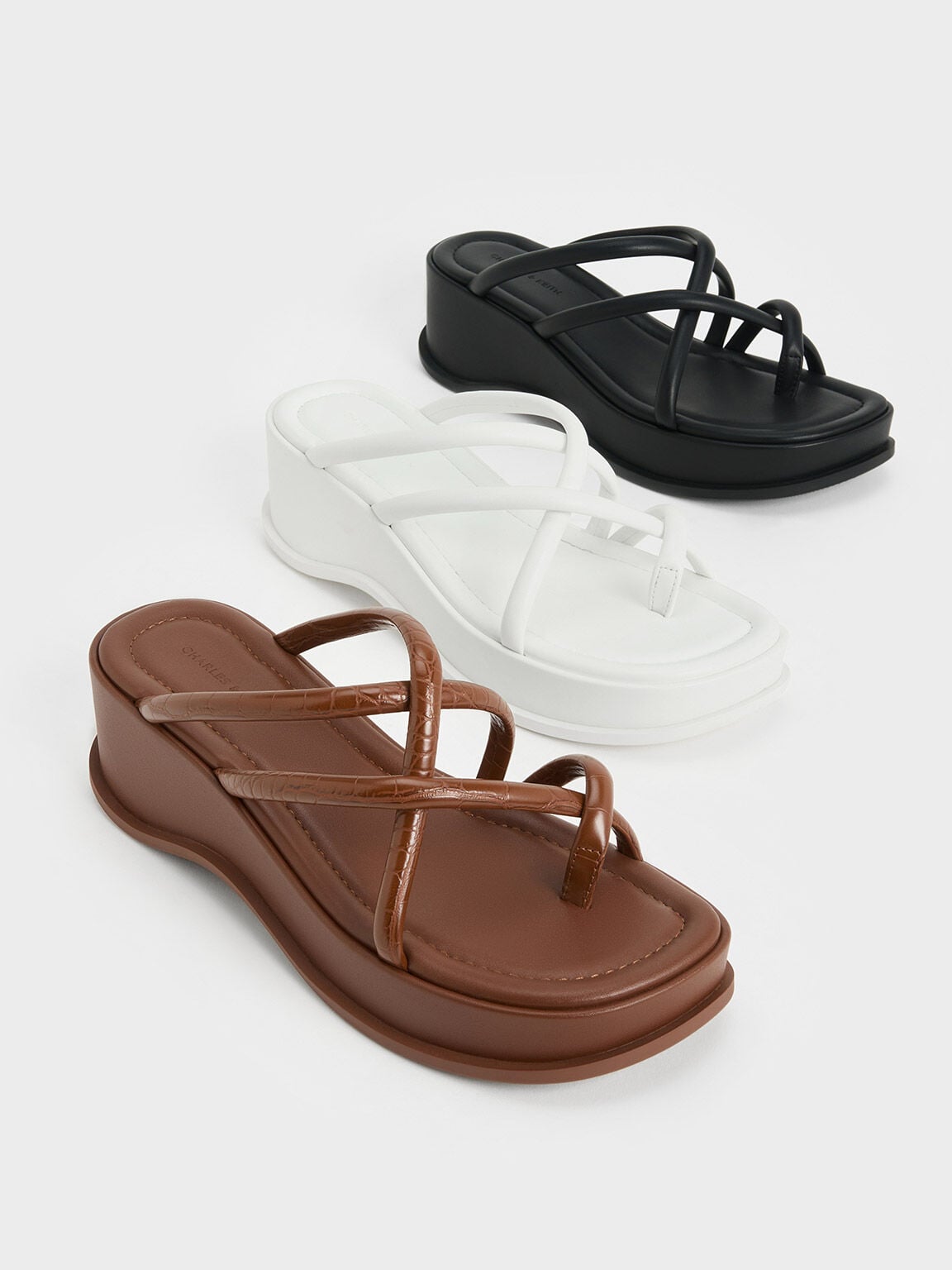 Strappy Tubular Wedge Sandals - Black | CHARLES & KEITH