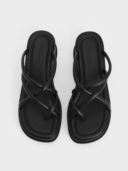 Strappy Tubular Wedge Sandals - Black | CHARLES & KEITH