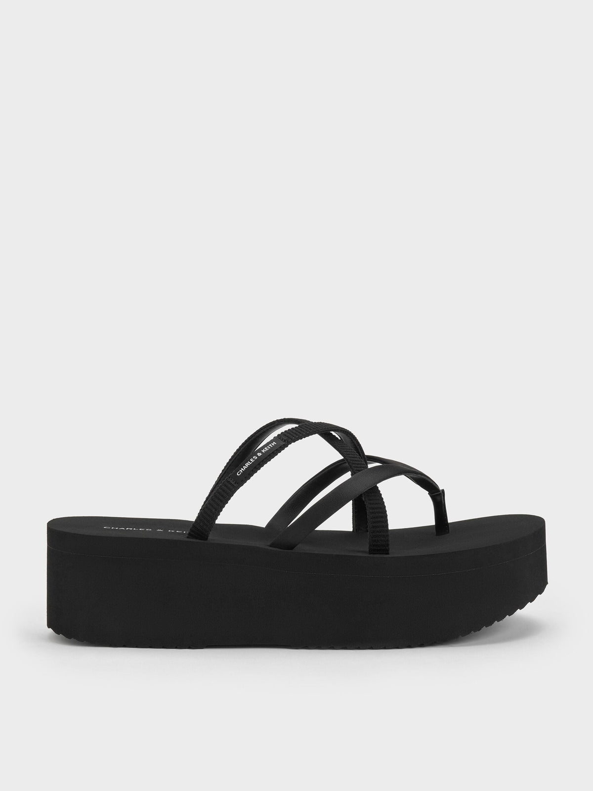 Levy Satin Strappy Flatform Sandals - Black Textured | CHARLES & KEITH