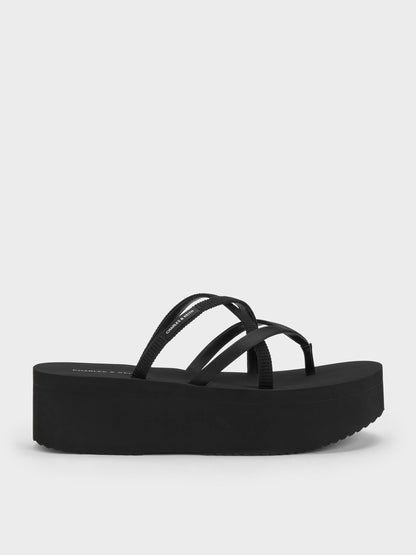 Levy Satin Strappy Flatform Sandals - Black Textured | CHARLES & KEITH